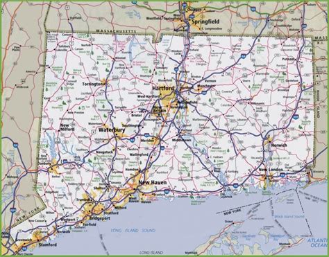 map of ct towns with names|Large detailed map of Connecticut with cities and towns.